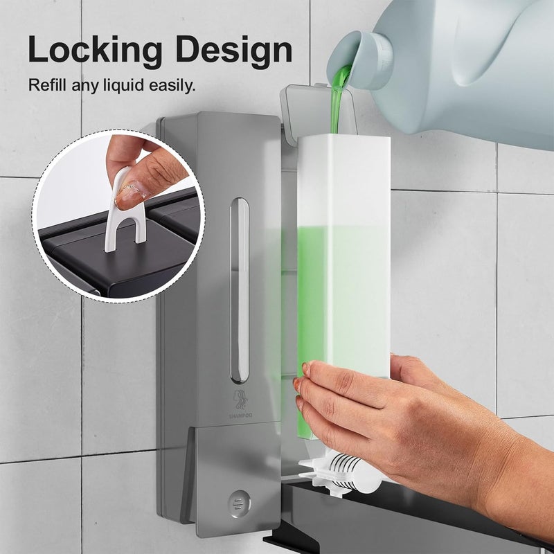 Aeakey Shampoo and Conditioner Dispenser 2-Chamber Wall-Mounted Shower Soap Dispenser, No-Drill Installation, 800ML Capacity, Ideal for Bathrooms and Hotels (Silver) - Image 4